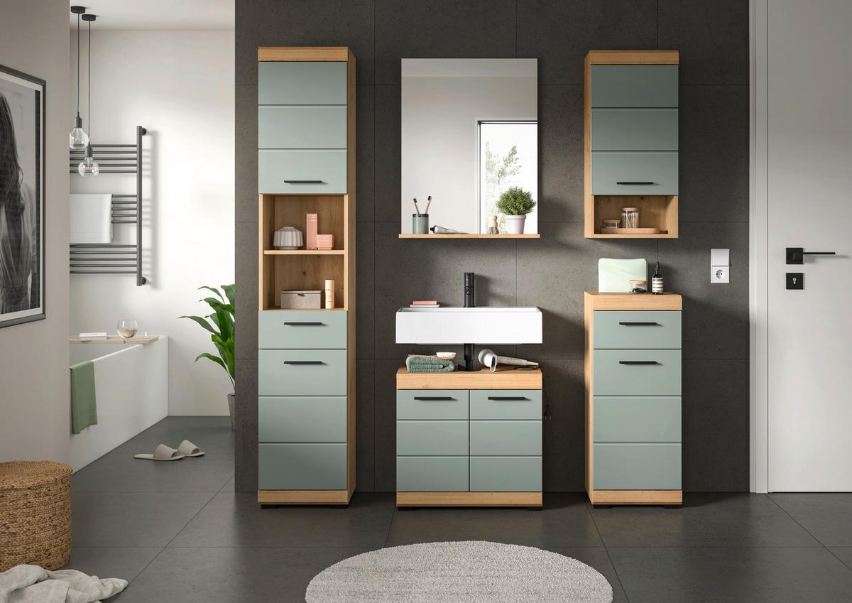 Badezimmer Scout Eiche Dekor/Salbeigrün B:134cm - Salbeigrün/Eichefarben, MODERN, Glas/Holzwerkstoff (134cm) - MID.YOU