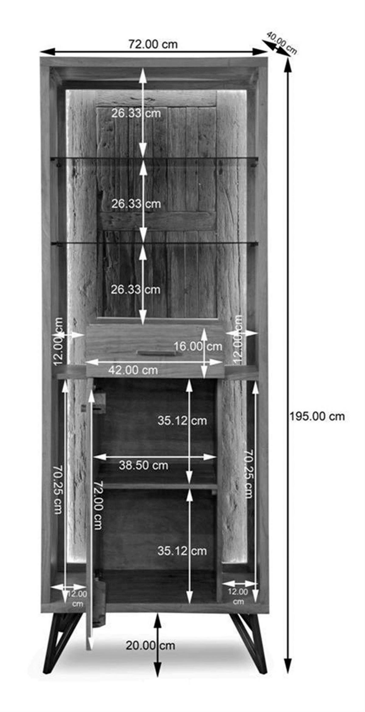 Vitrine Indira Akazie Massiv, B: 72 cm - Schwarz/Akaziefarben, ROMANTIK / LANDHAUS, Holz/Metall (72/195/40cm)