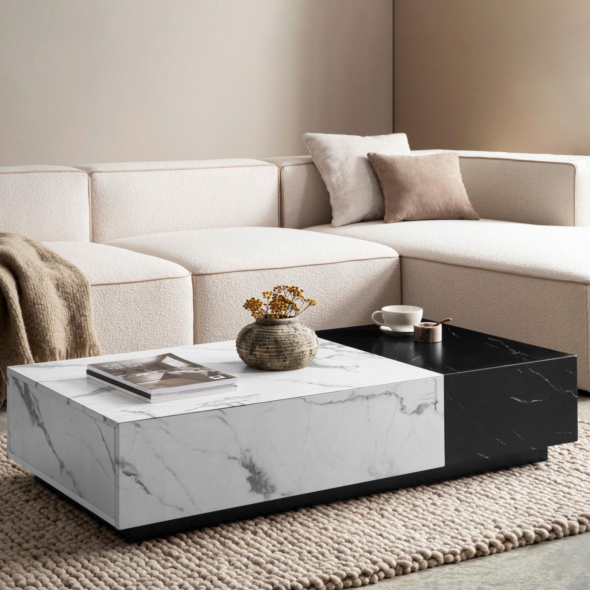 Couchtisch in Marmoroptik mit 2 Schubladen - Schwarz/Weiß, Design, Holzwerkstoff (120/60/28cm) - Livetastic