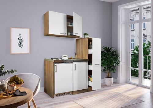 Miniküche mit Kühlschrank + Kochfeld 130 cm Weiß/Eiche - Edelstahlfarben/Eichefarben, MODERN, Holzwerkstoff/Metall (130cm) - Respekta