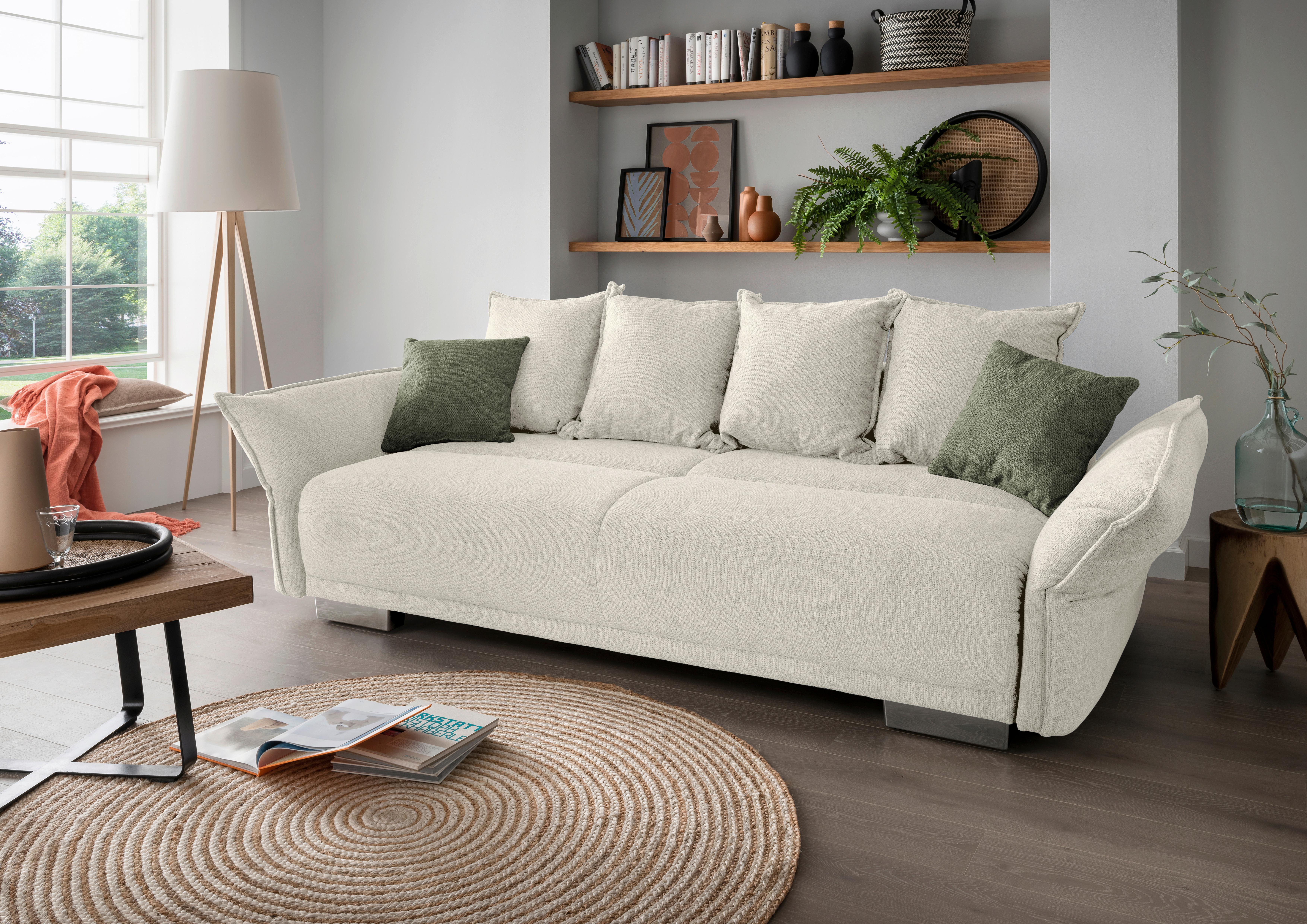 Bigsofa Pera, Beige B: 242 cm - Chromfarben/Dunkelgrün, MODERN, Textil (242/71/90/131cm) - Livetastic