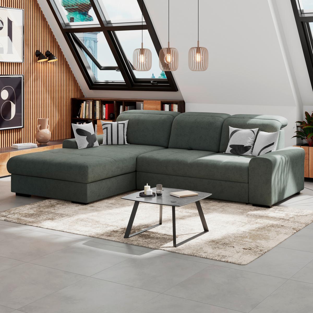 Ecksofa mit Bettfunktion Malaga New Chenille Grün - Schwarz/Grün, KONVENTIONELL, Textil (203/286cm) - Ondega