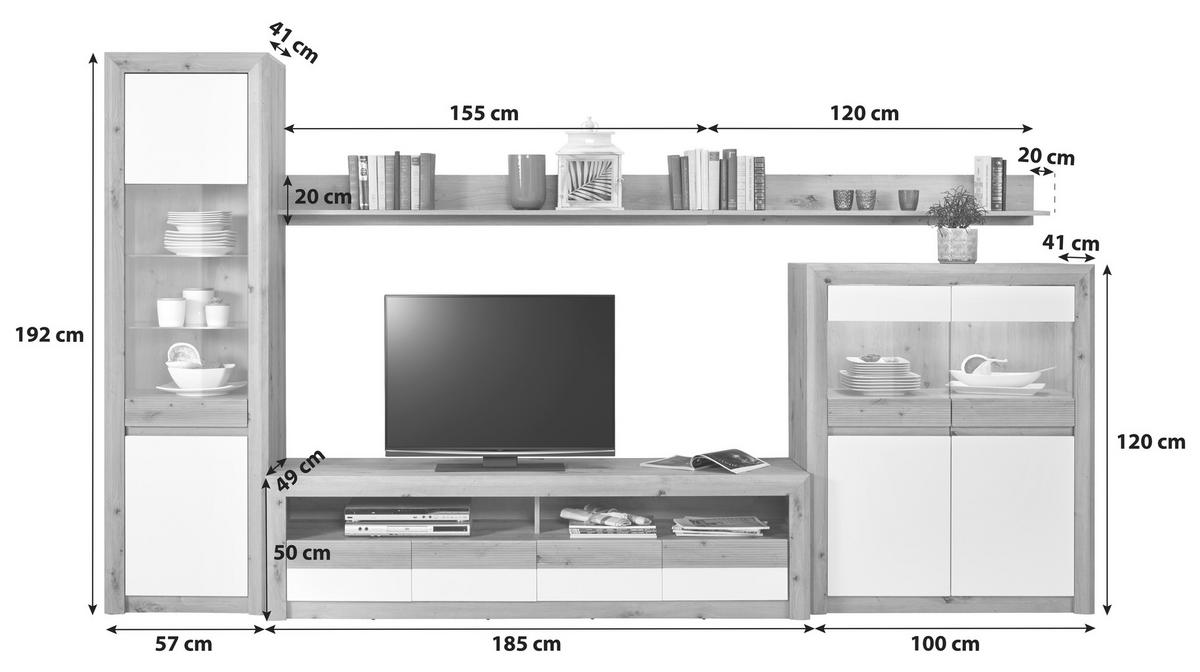 Wohnkombination 6 -Teilig. mit Led Kashmir New 3 Eiche Dekor/Weiß - Eichefarben/Weiß, MODERN, Holzwerkstoff (342/192/49cm) - James Wood