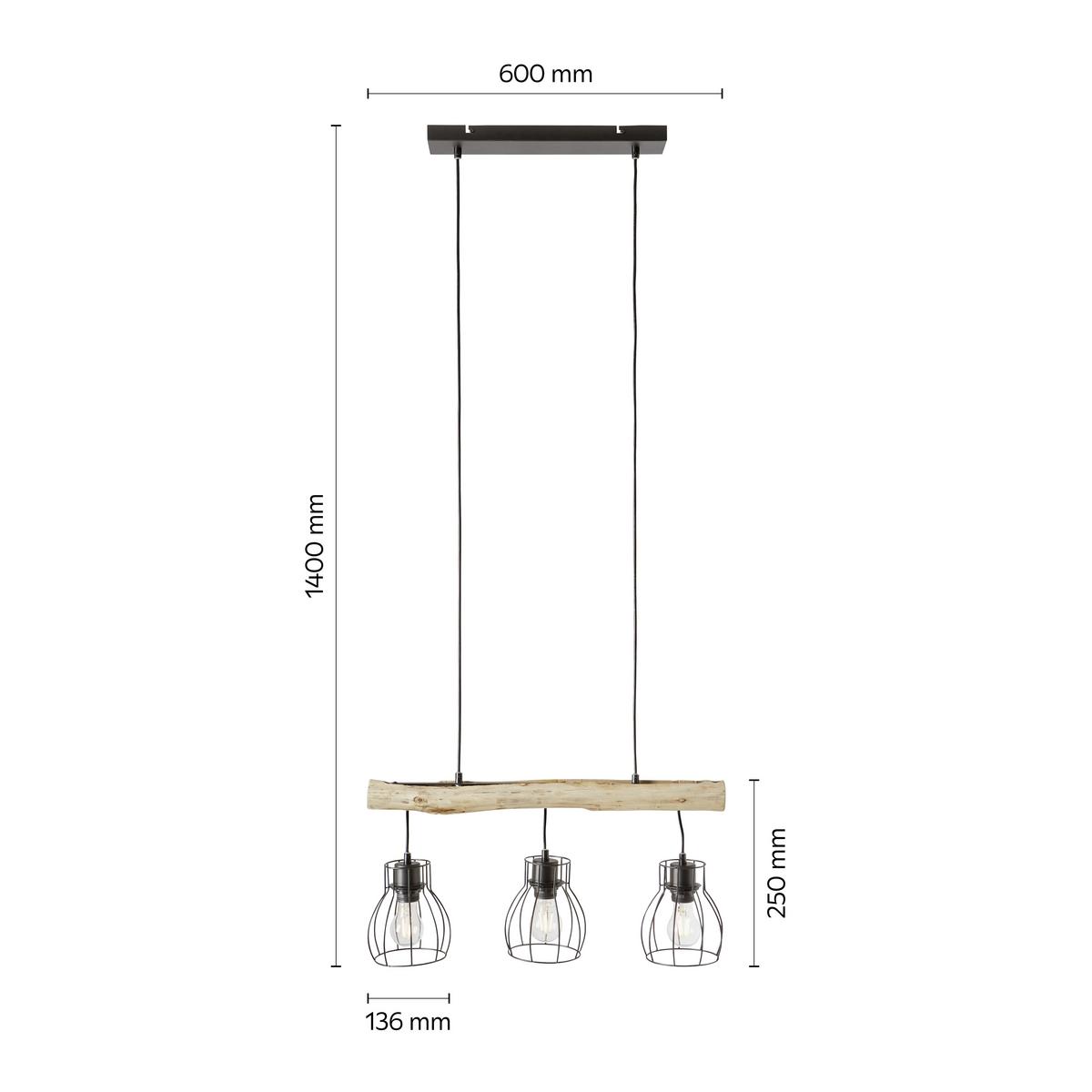 Svítidlo závěsné Gidi D/V: 60/140cm, 40 Watt - černá, Romantický / Rustikální, kov/dřevo (60/13/140cm) - Mömax