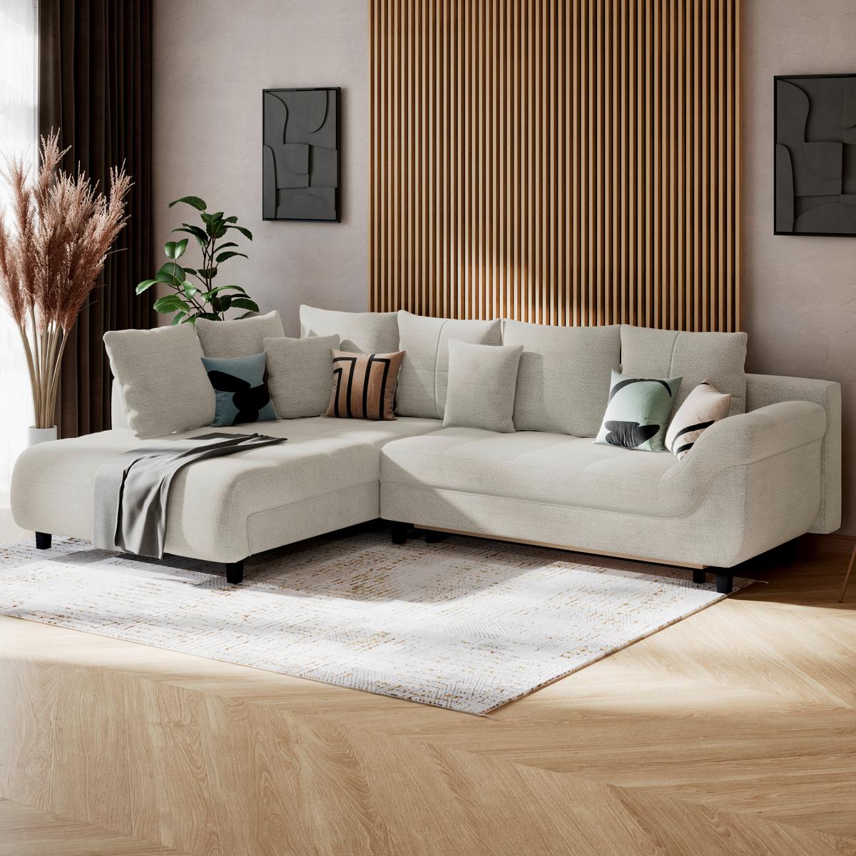 Ecksofa mit Schlaffunktion Mendoza New Chenille 197x309cm - Greige/Schwarz, KONVENTIONELL, Textil (197/309cm) - Ondega