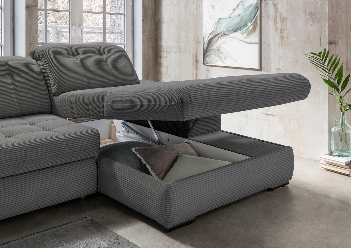 Ecksofa mit Schlaffunktion & Bettkasten Rigatti Grau - Schwarz/Grau, MODERN, Textil (314/184cm) - Livetastic