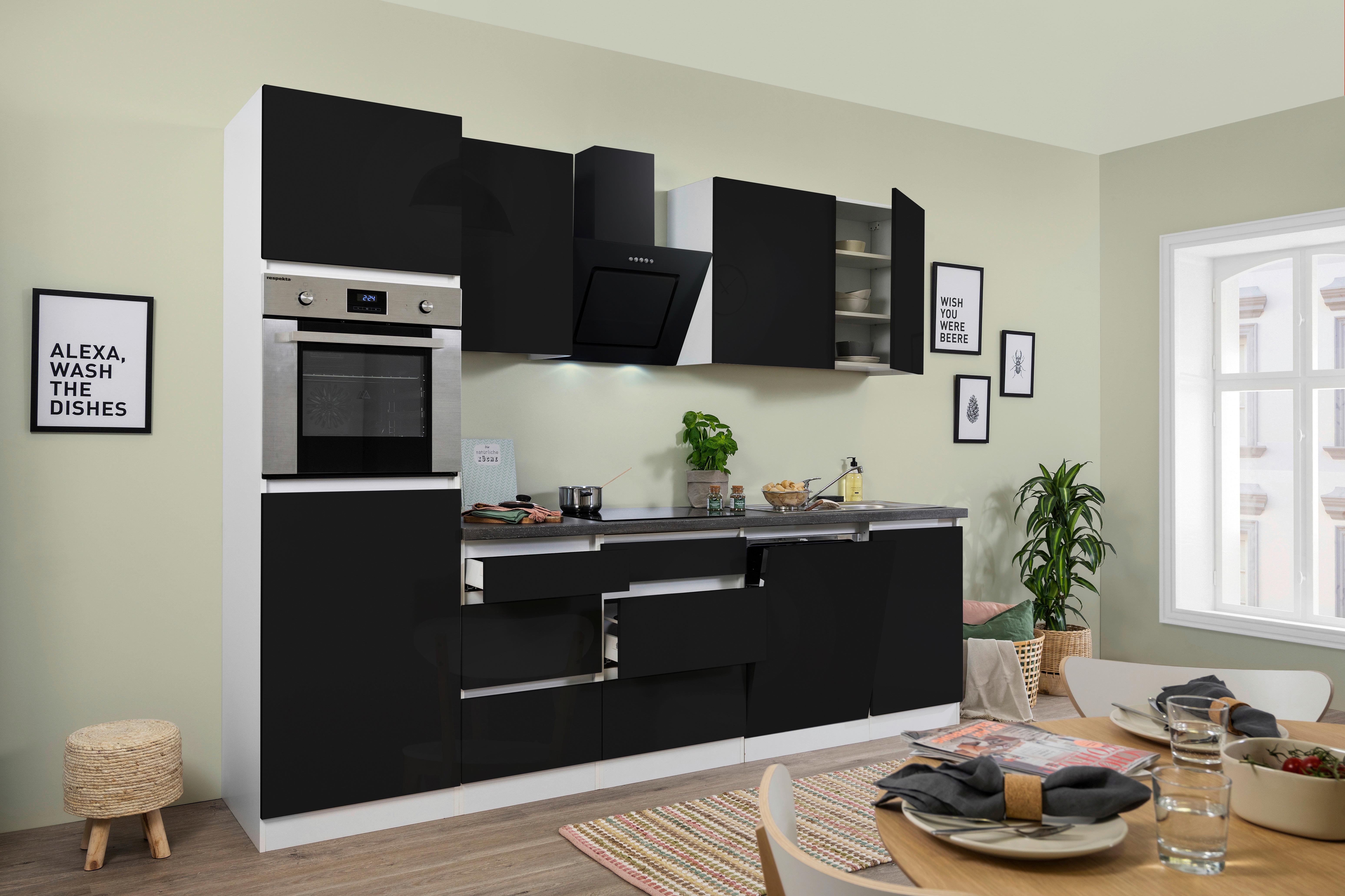 Küchenzeile Premium mit Geräten 280 cm Weiß/Schwarz Hochglanz - Schwarz/Weiß, MODERN, Holzwerkstoff (280cm) - Respekta