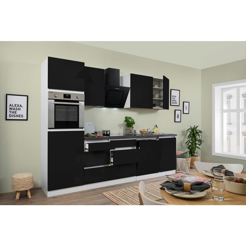 Küchenzeile Premium M. Geräten 280 Cm Weiß/schwarz Hochglanz