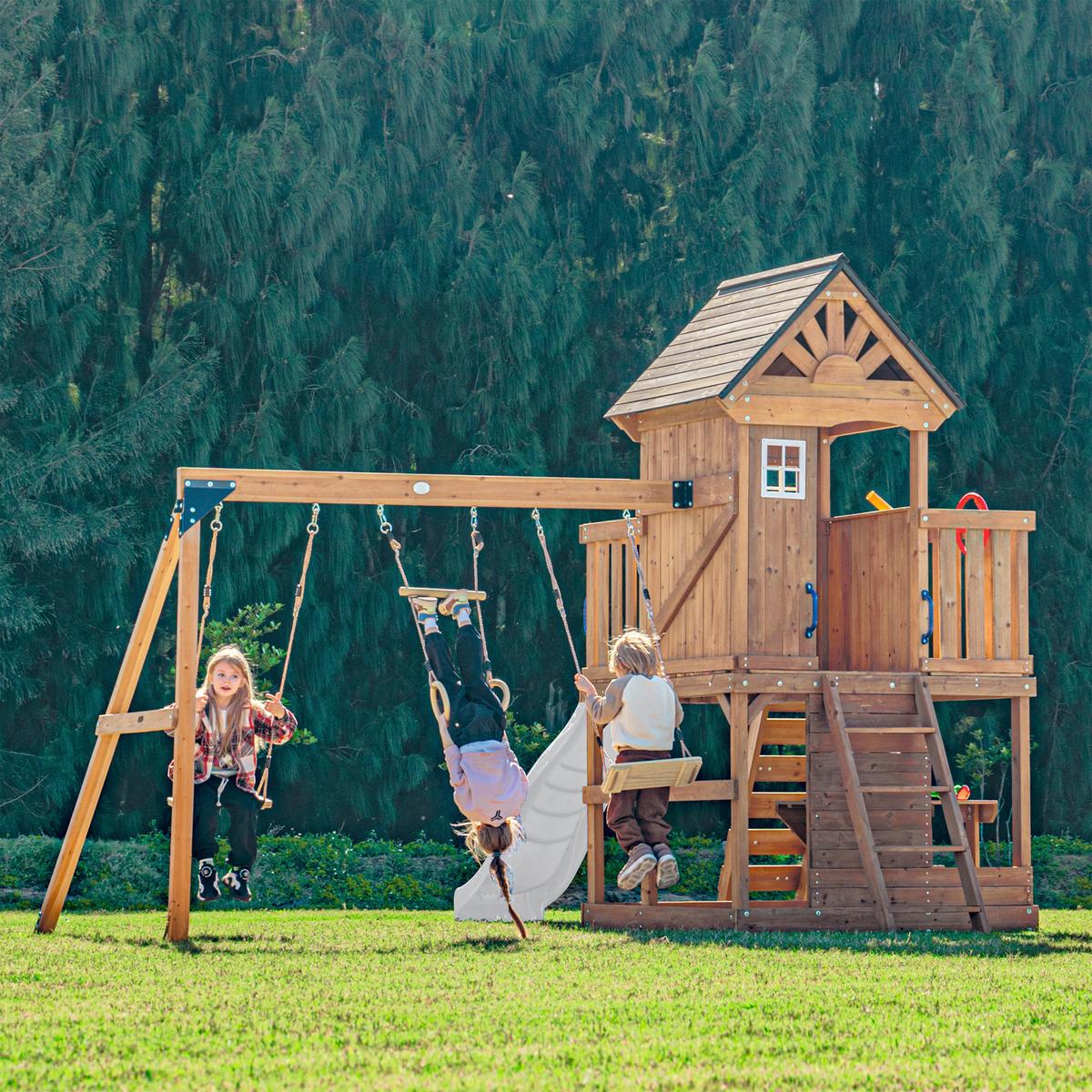 Spielturm mit Rutsche Weiss - Anthrazit/Braun, Basics, Holz/Kunststoff (435/410/305cm) - Ambia Garden