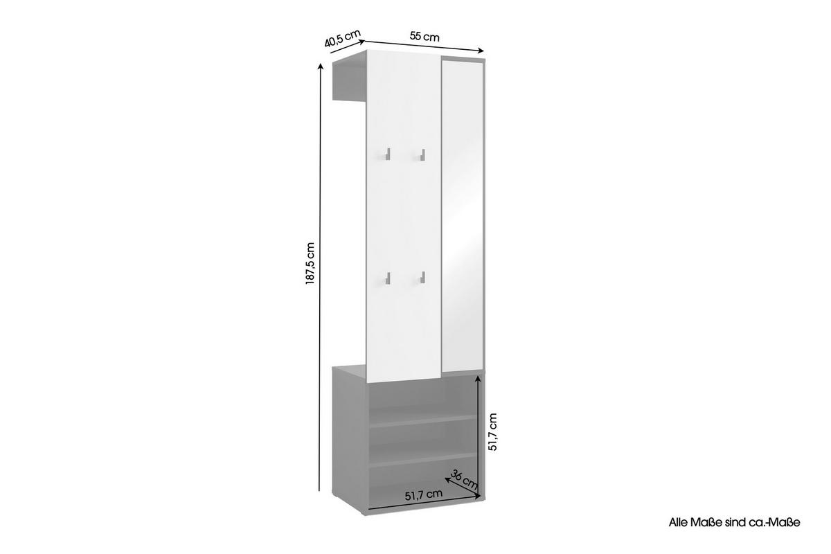 Garderobe Andorra Schwarz/Weiß B: 55 cm - Schwarz/Weiß, Design, Holzwerkstoff (55/187,5/40,5cm) - MID.YOU