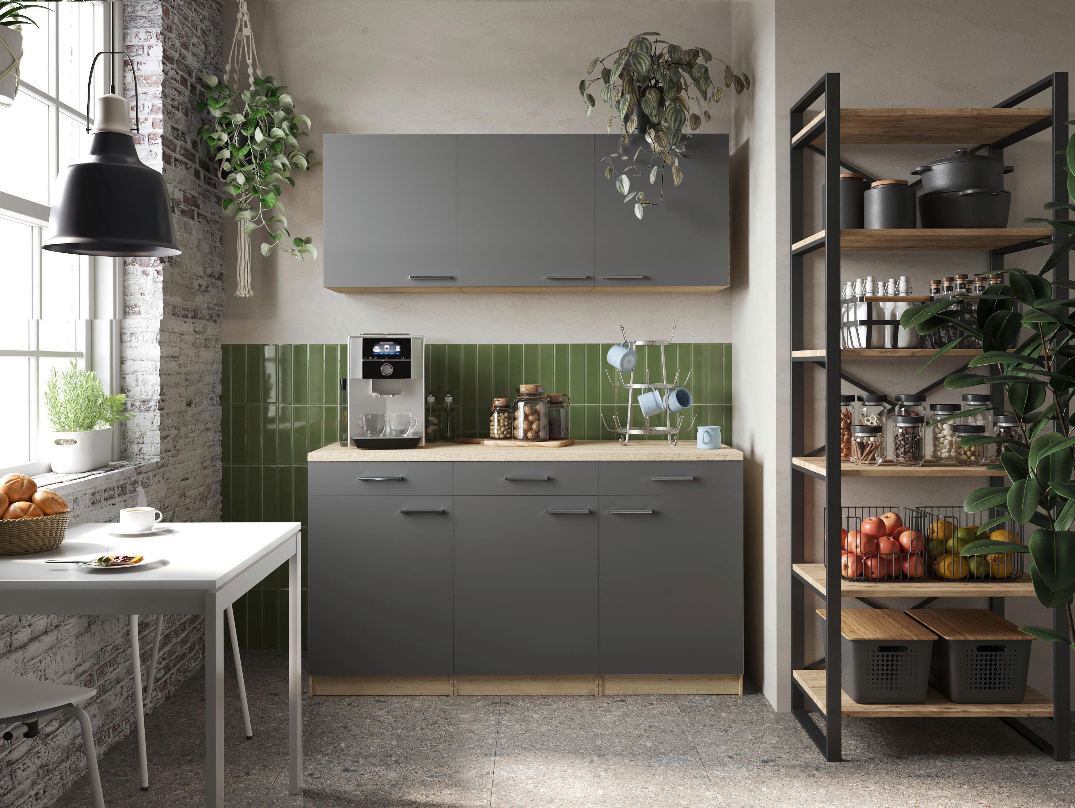 Miniküche Merle Grau/Eiche Dekor B:150cm - Eichefarben/Grau, Basics, Holzwerkstoff (150cm) - Respekta
