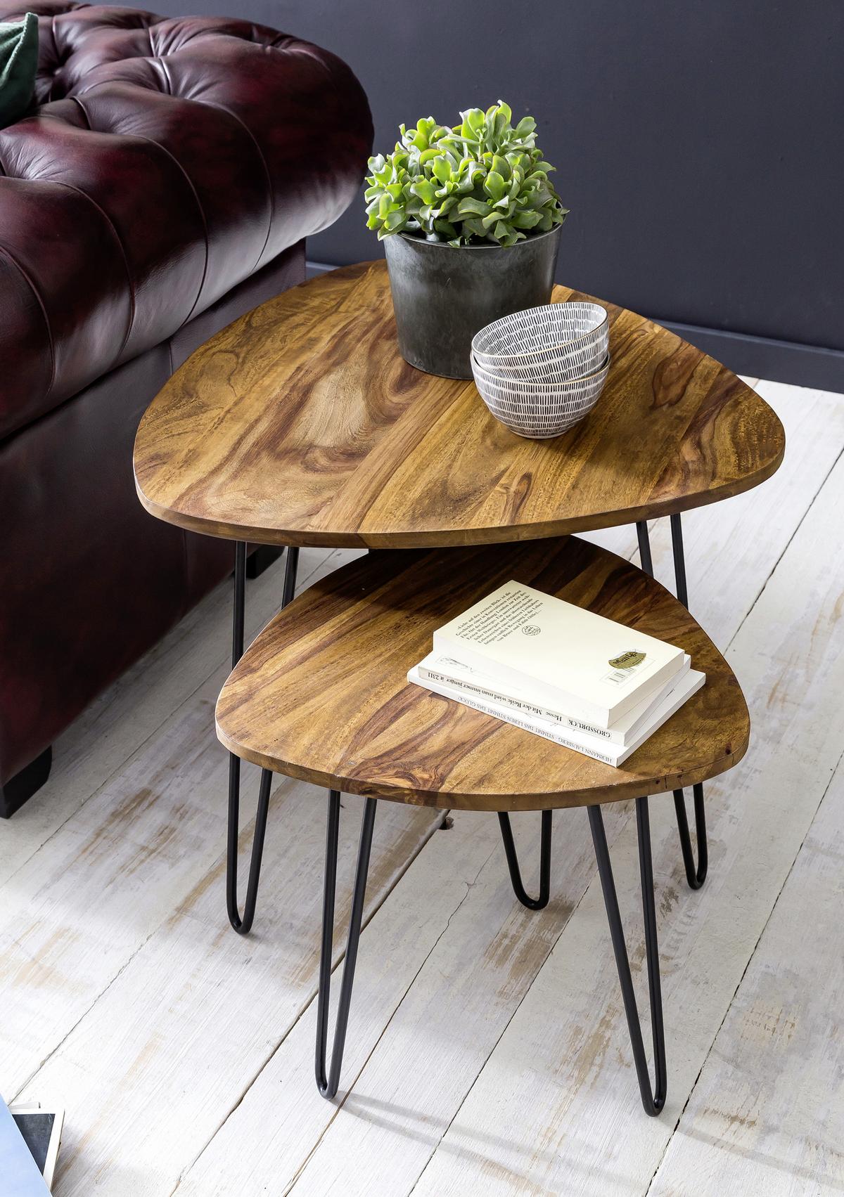 Beistelltisch 2-Teilig Mit Echtholz, Sheesham/Schwarz - Sheeshamfarben/Schwarz, Design, Holz/Metall (60/56/60cm) - MID.YOU
