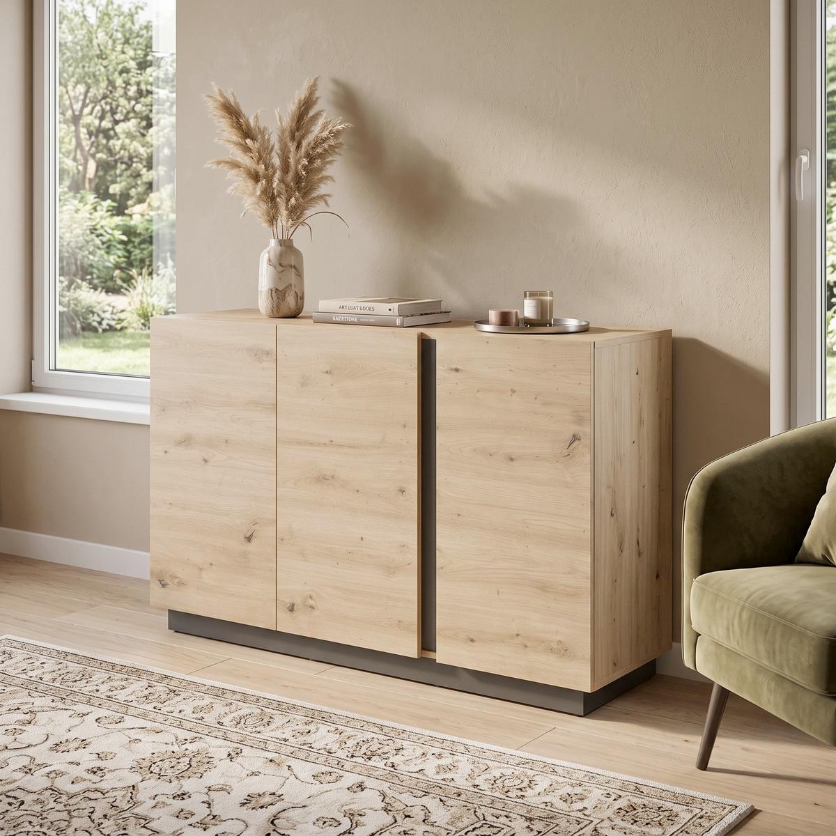 SIDEBOARD Clair Grau/Eiche Dekor B:138cm - Eiche Artisan/Grau, Design, Holzwerkstoff (138/91/40cm) - MID.YOU