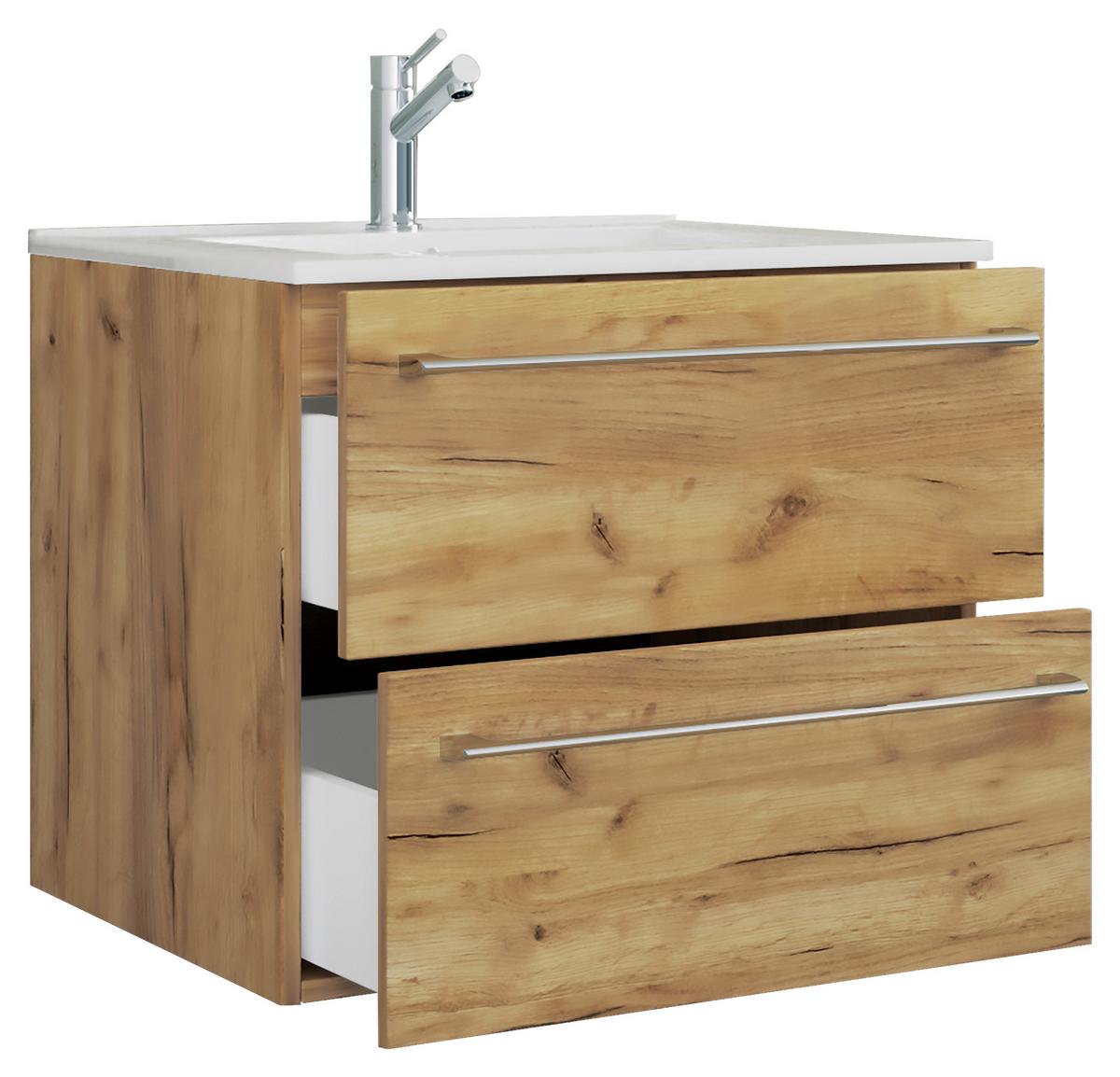 Waschbecken Mit Unterschrank Badinos B: 61 Cm Eiche Dekor - Honigeiche/Weiß, MODERN, Keramik/Holzwerkstoff (61cm) - MID.YOU