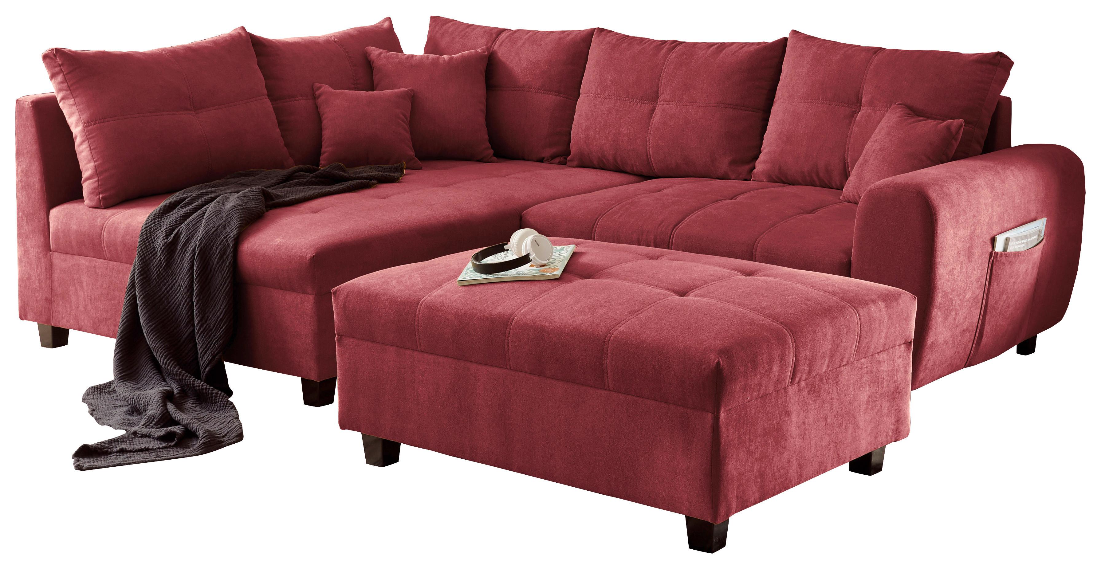 Ecksofa inkl. Kissen + Hocker Lea, Polyester-Nylon - Beere/Schwarz, Basics, Holzwerkstoff/Textil (176/248cm) - MID.YOU