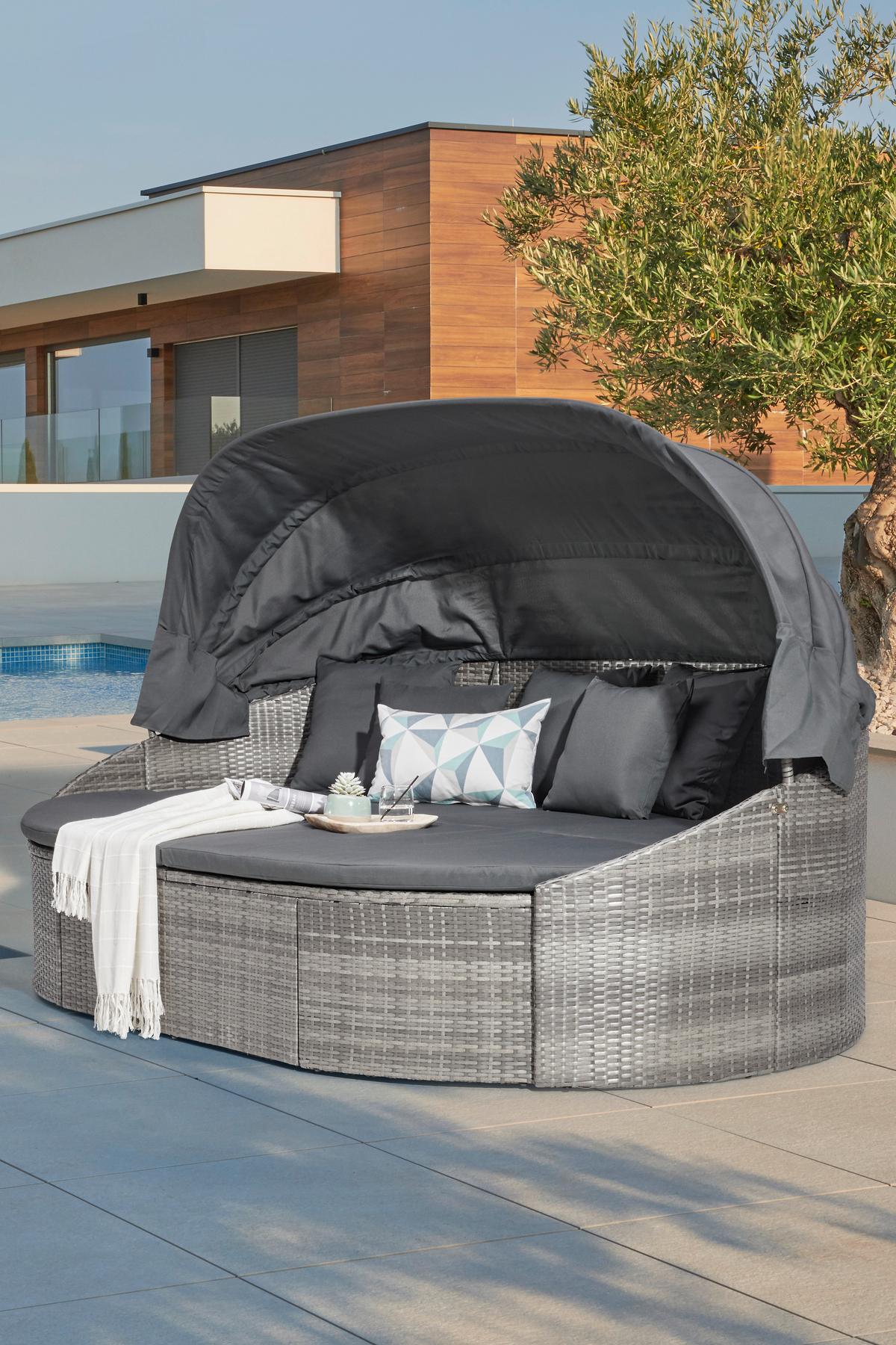 Sonneninsel Kuba Grau Aus Polyrattan, Verstellbares Dach - Grau, MODERN, Kunststoff/Textil (230/145/140cm) - Ambia Garden