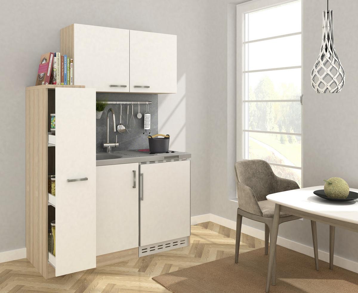 Miniküche mit Kühlschrank + Kochfeld 130 cm Weiß/Eiche - Edelstahlfarben/Eichefarben, MODERN, Holzwerkstoff/Metall (130cm) - Respekta