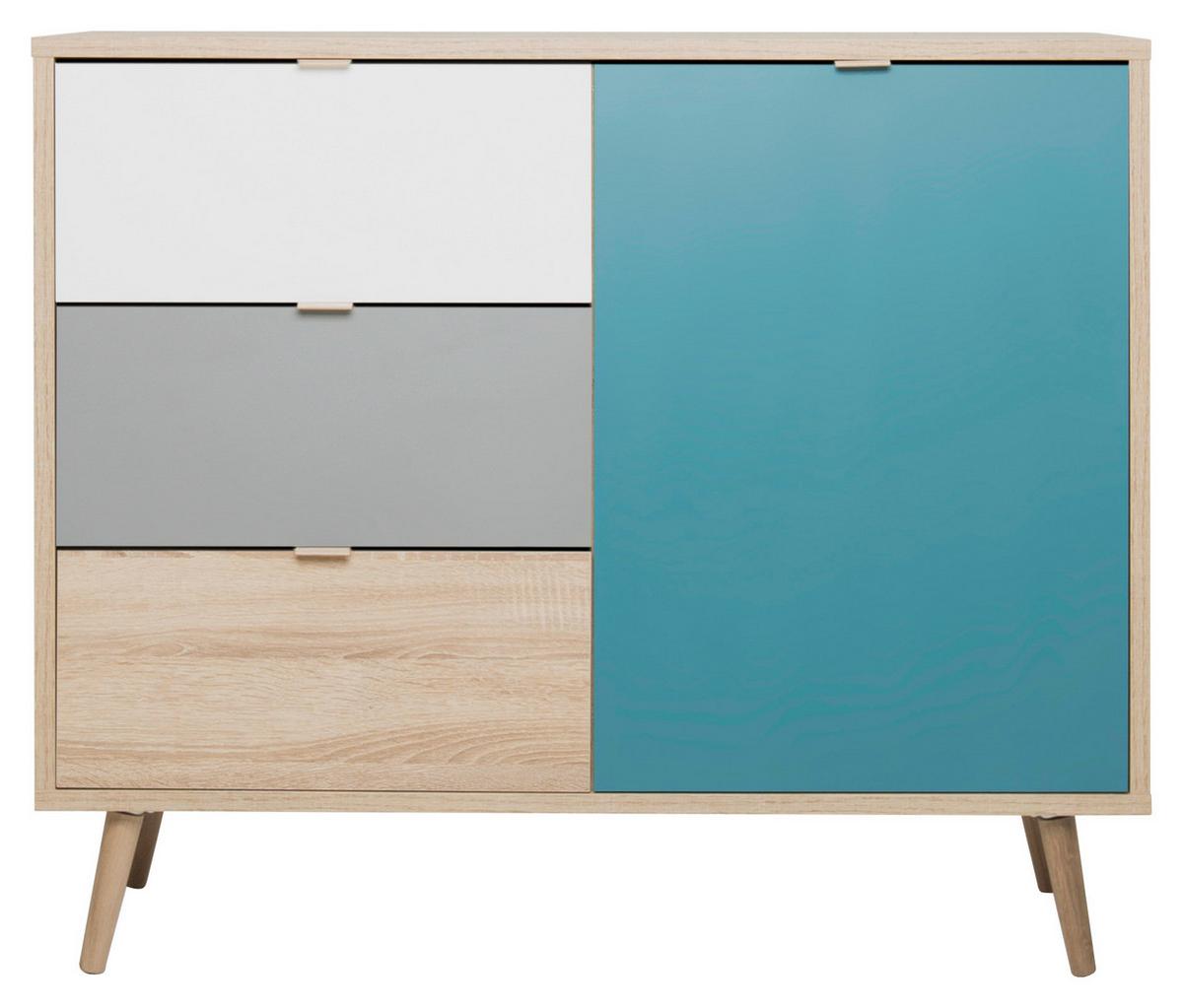 Kommode B 103cm Cuba 1-trend, Eiche Dekor/grau, Weiß, Petrol - Eichefarben/Petrol, Trend, Holzwerkstoff (103/87/40cm) - MID.YOU