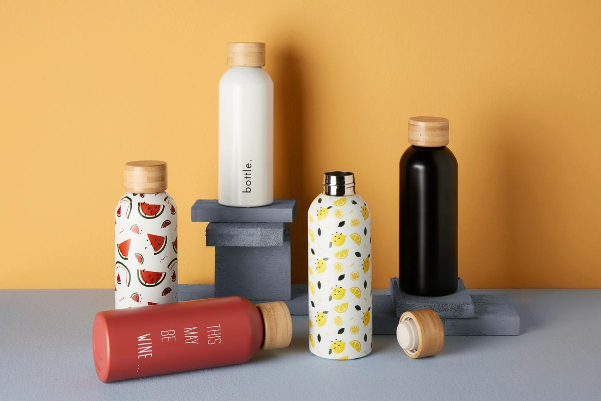 Termoska na nápoje Fun, 500ml - bílá/černá, kov/dřevo (500ml) - Premium Living