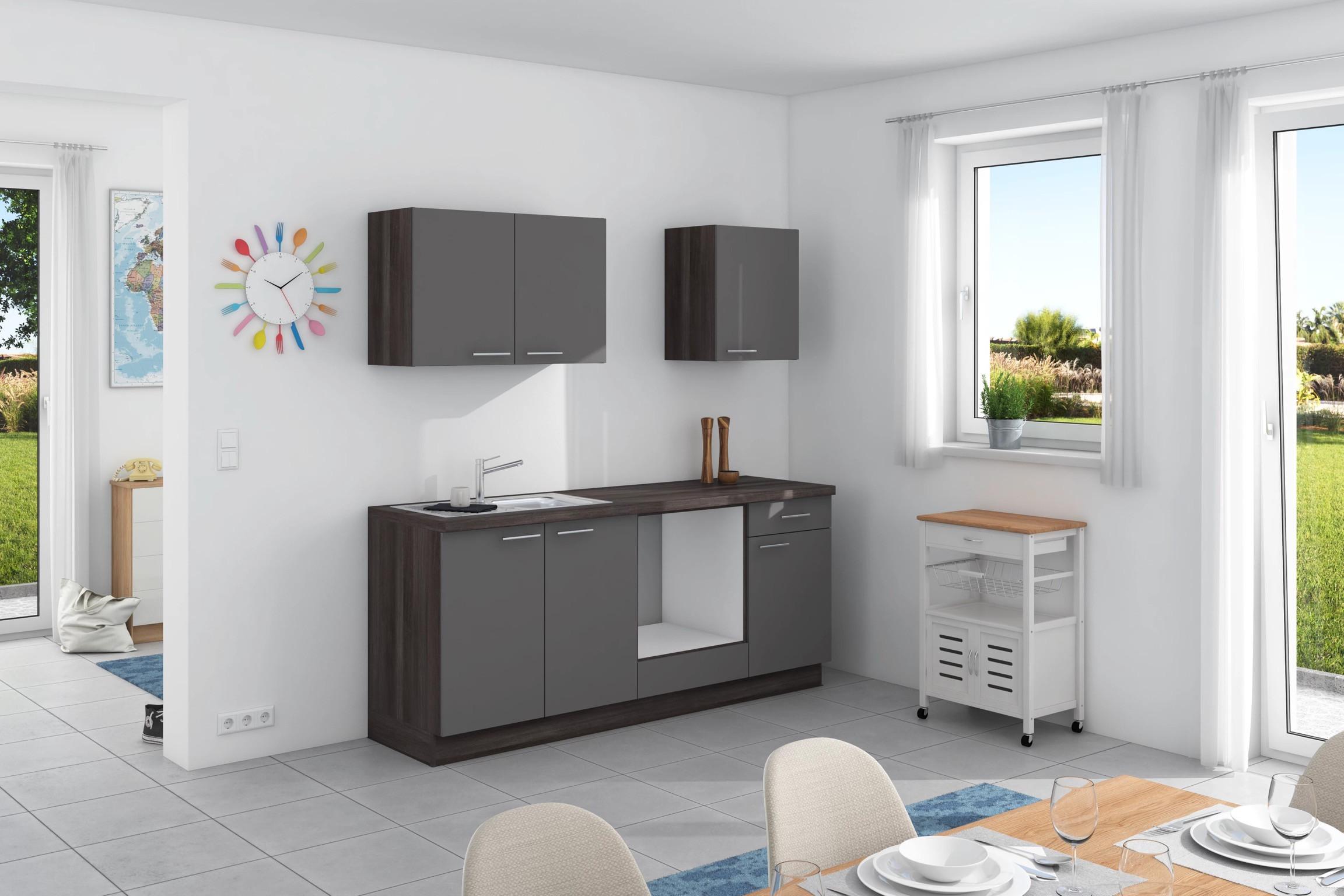 Küchenzeile Base ohne Geräte 200 cm Anthrazit/Eiche Grau - Eichefarben/Anthrazit, Design, Holzwerkstoff (200cm) - Express