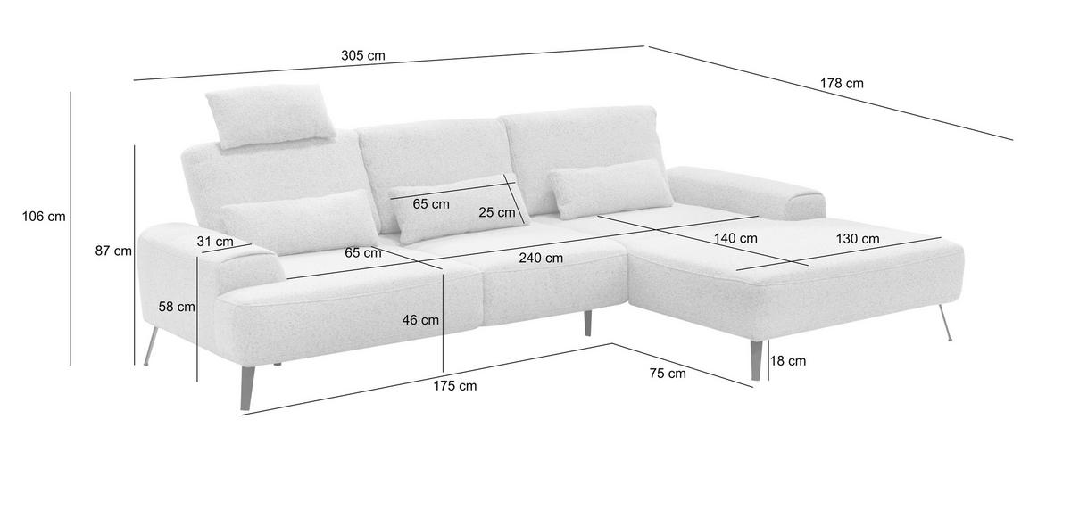 Ecksofa Astoria, Dunkelgrau Schenkel: 305x178 cm - Dunkelgrau/Schwarz, Design, Textil (305/178cm) - Livetastic