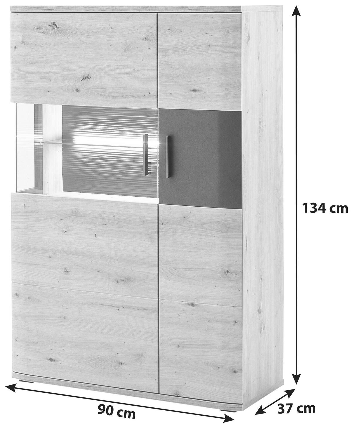 Highboard B: 90 cm Cortona Anthrazit/Eichefarben - Klar/Eichefarben, Design, Glas/Holzwerkstoff (90/134/37cm) - Livetastic