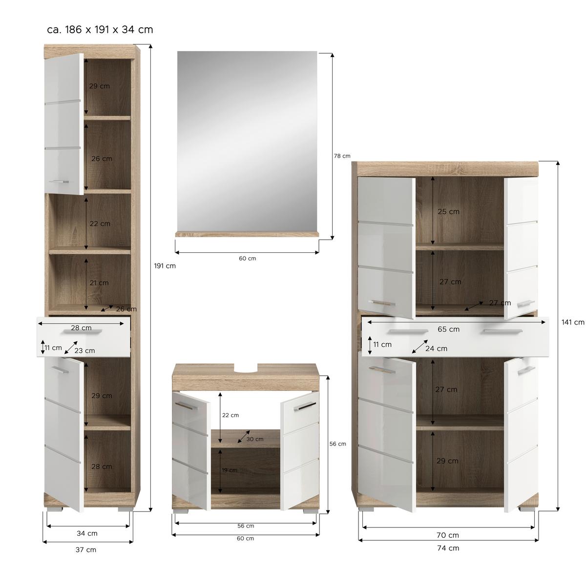 Badezimmer Lambada Eiche Dekor/Weiß B: 171 cm - Weiß Hochglanz/Silberfarben, MODERN, Glas/Holzwerkstoff (171cm) - MID.YOU