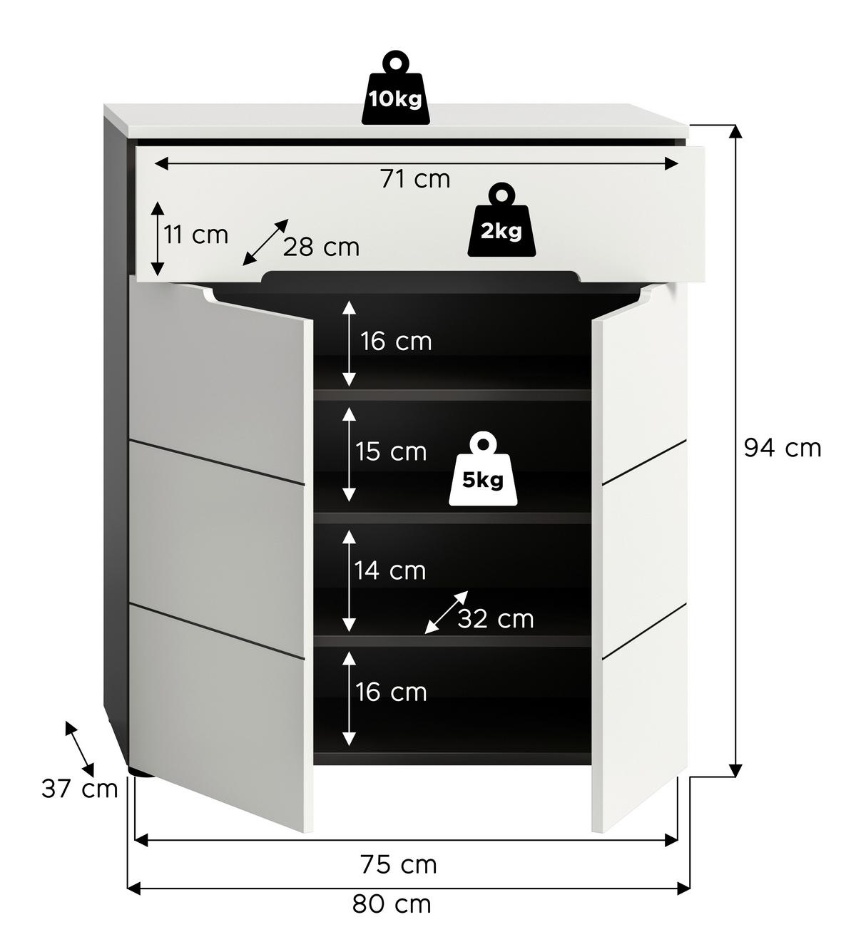 Cipősszekrény Canu - fehér/szürke, Design, faalapú anyag (80/94/37cm) - Livetastic