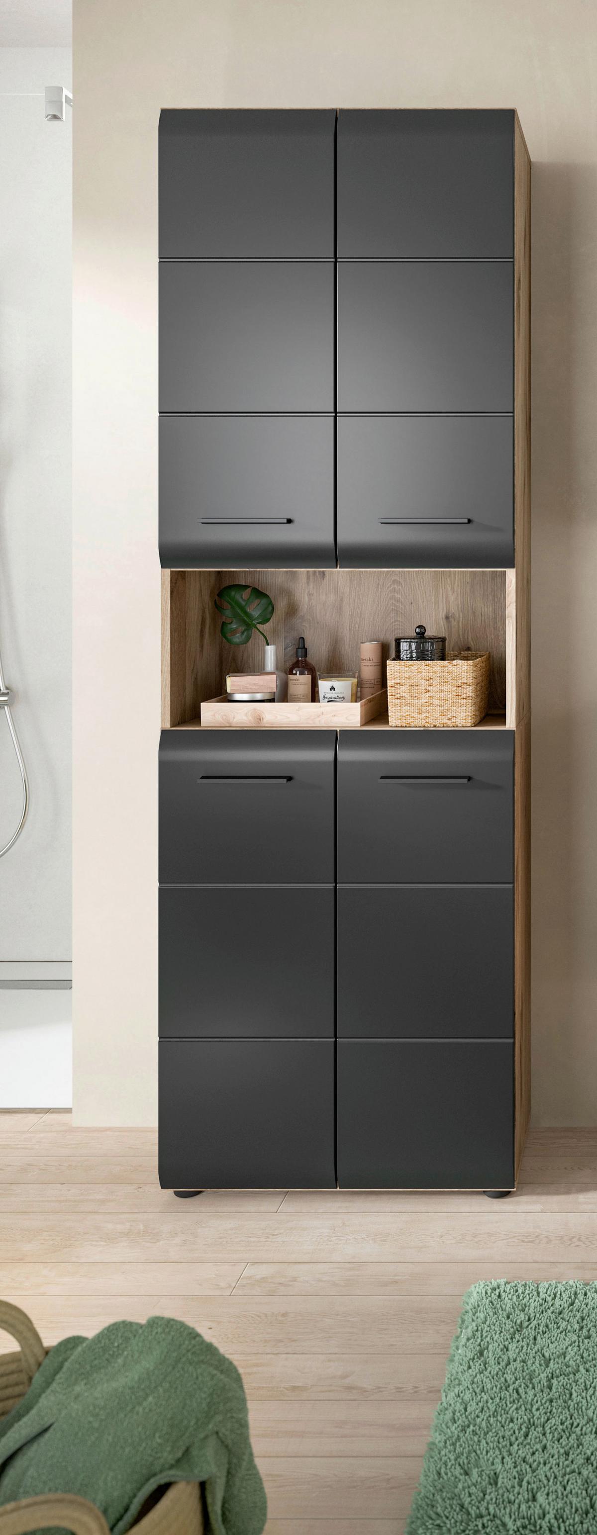 Hochschrank Ice Schwarz/Eiche Dekor B: 60cm - Eiche dunkel/Schwarz, Basics, Holzwerkstoff (60/185/30cm) - MID.YOU