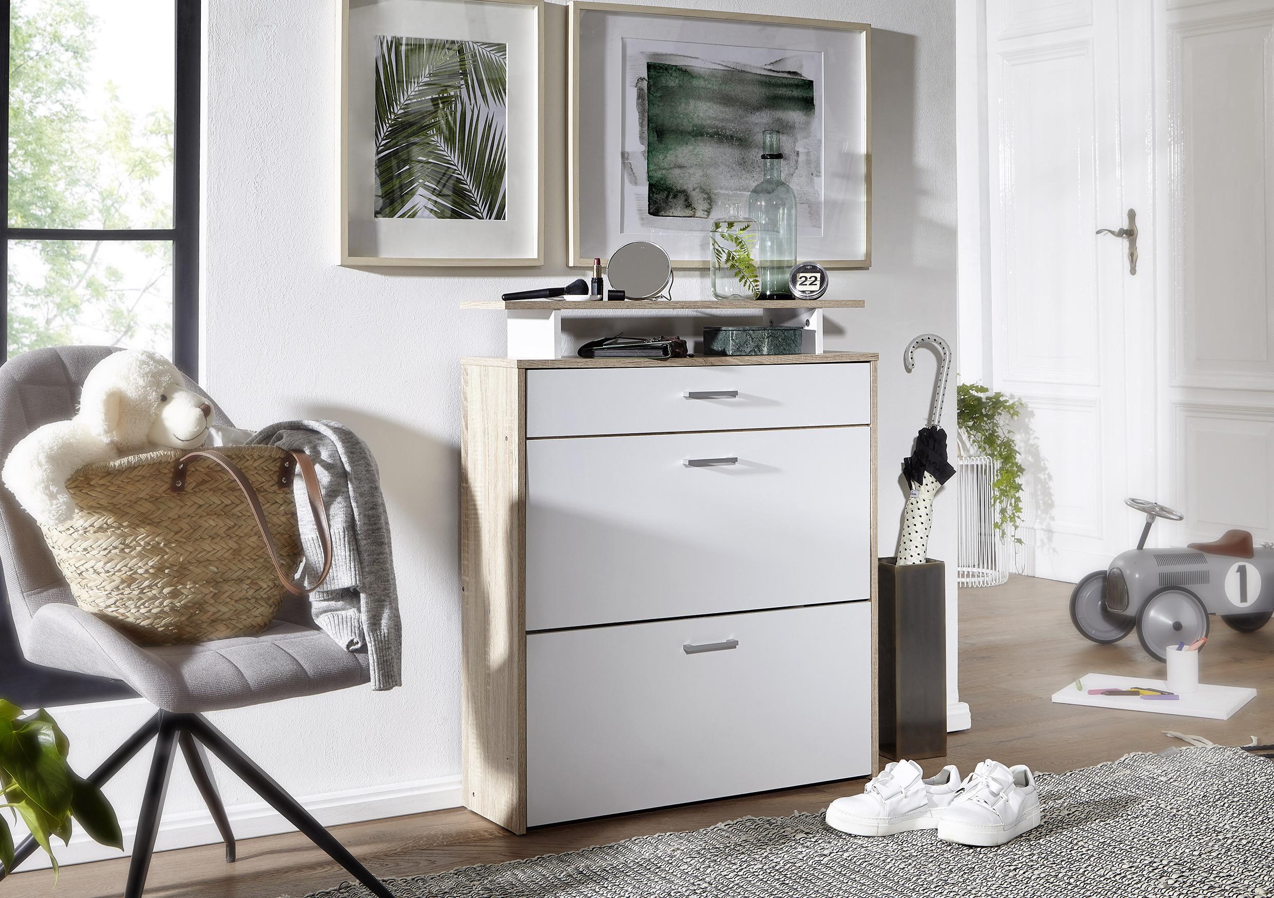 Výklopná skrinka na topánky wl1.794 biela/dub sonoma - biela/strieborná, Konventionell, kompozitné drevo/plast (80/95/24cm) - MID.YOU