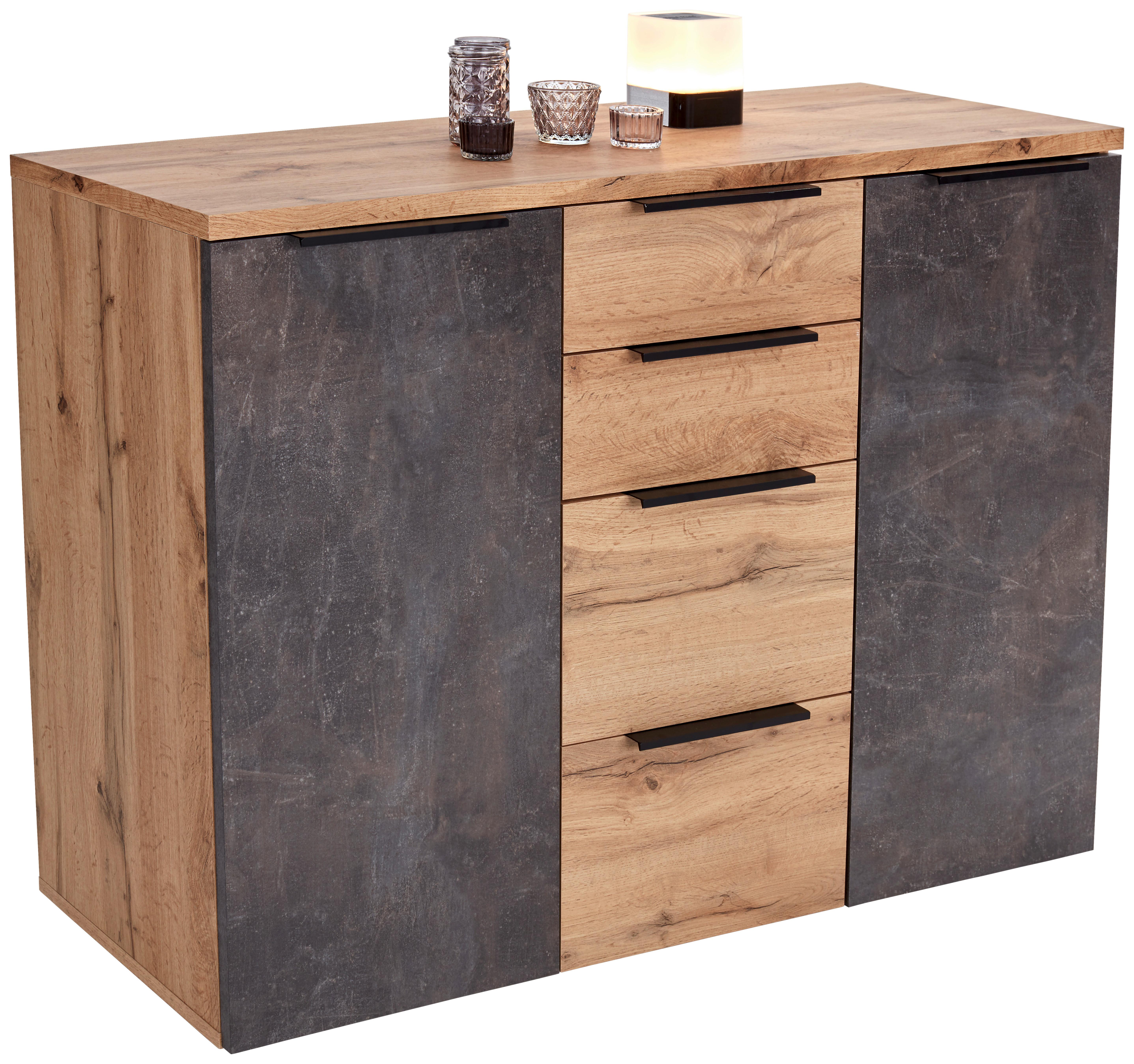Kommode B 120cm Kai 2, Wotan Eiche Dekor/Beton Optik - Eichefarben/Alufarben, MODERN, Holzwerkstoff (120/80/39cm)