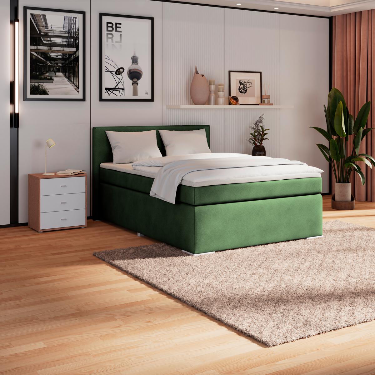 Boxspringbett Mira Boucle Dunkelgrün,lf:140x200cm - Dunkelgrün/Perlmutt, KONVENTIONELL, Holz/Textil (140/200cm)