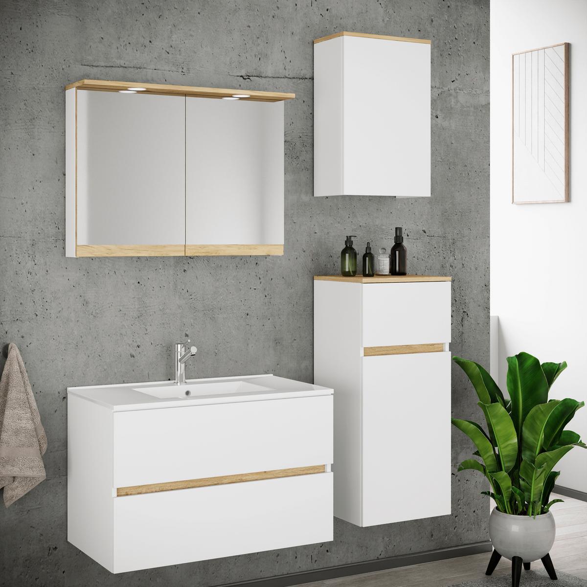 Fürdőszobabútor Cosila - méztölgy színű/fehér, Trend, faalapú anyag/kerámia (121cm) - MID.YOU