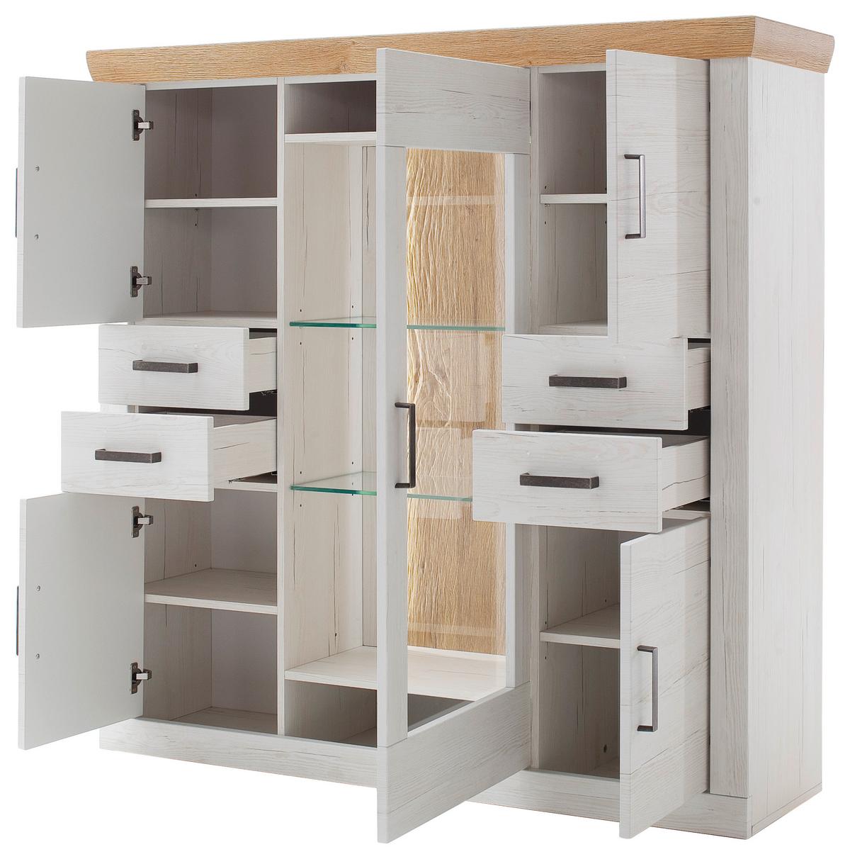 Highboard B: 142 cm Madrdi Eiche-/Pinienfarben - Eichefarben/Schwarz, Design, Glas/Holzwerkstoff (142/142/40cm) - MID.YOU