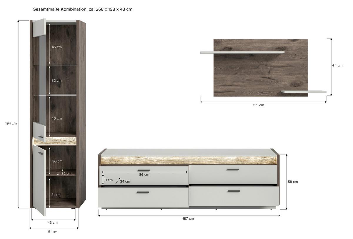 Wohnwand Hellgrau Nb, Nox Oak Dekor - Hellgrau, Design, Glas/Holzwerkstoff (268/198/43cm) - MID.YOU