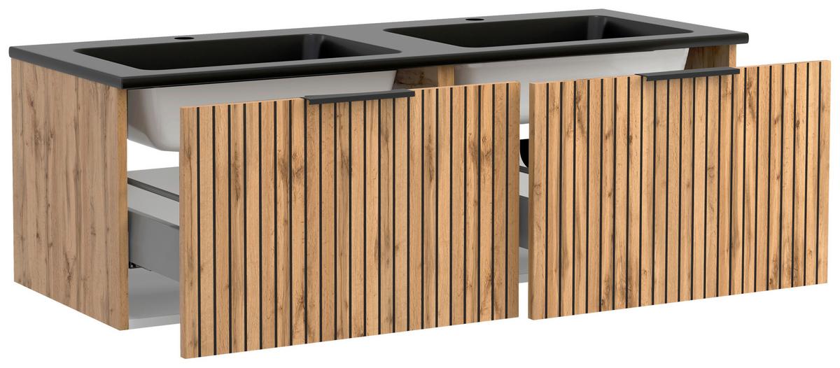 Waschbecken mit Unterschrank Chester B: 120 cm - Eiche Wotan/Schwarz, MODERN, Holzwerkstoff/Stein (120cm) - Held