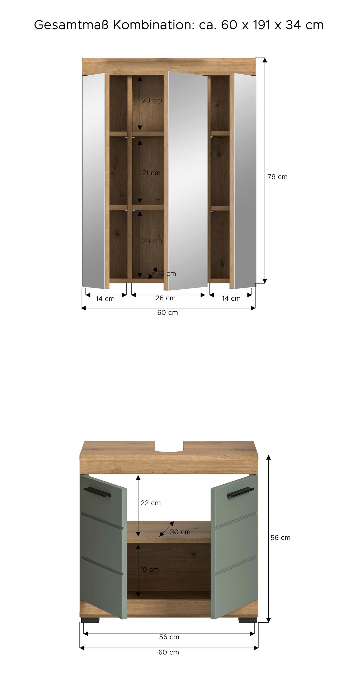 Badezimmer Scout Eiche Artisan Dekor Graugrün - Schwarz/Eiche Artisan, MODERN, Glas/Holzwerkstoff (60cm) - MID.YOU