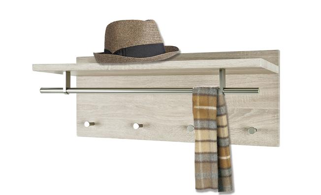 Garderobenpaneel Eichefarben Hutablage 4 Haken B: 75 Cm - Edelstahlfarben/Eichefarben, Basics, Holzwerkstoff/Metall (75/30/25cm)