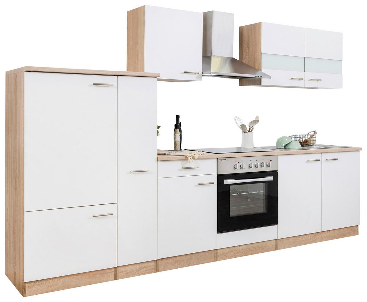 Küchenzeile ohne Geräte B: 300 cm Eiche Dekor/Weiß, Modern - Eichefarben/Weiß, Basics, Holzwerkstoff (300cm) - Respekta