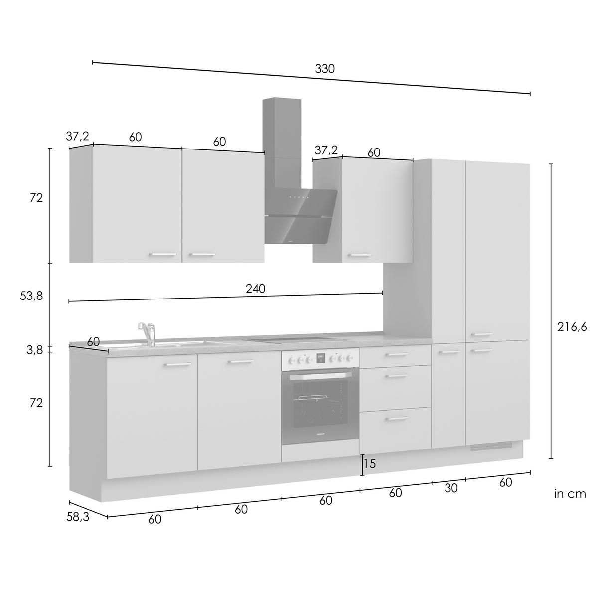 Kuchynská linka 330 cm, biela / dub Sierra - biela/farba ušľachtilej ocele, Romantik / Landhaus, kov/kompozitné drevo (330cm) - Nobilia
