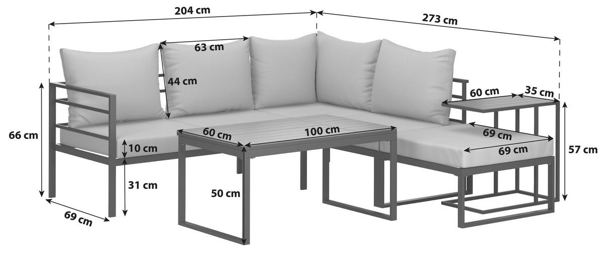 Loungegarnitur Rovinj Tisch höhenverstellbar - Beige/Grau, MODERN, Holzwerkstoff/Textil (204/273cm) - Beldano