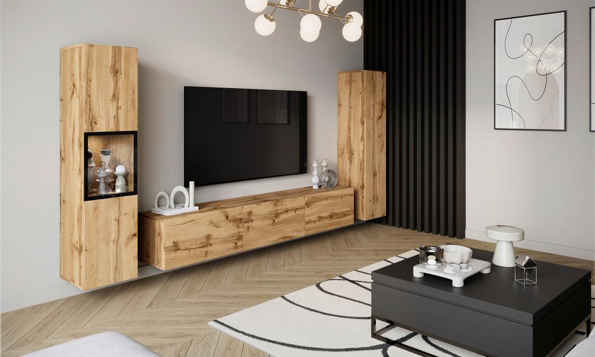 Wohnwand mit LED Berlin III Wotan Eiche Dekor - Eiche Wotan/Grau, Design, Glas/Holzwerkstoff (240/130/31cm) - P & B
