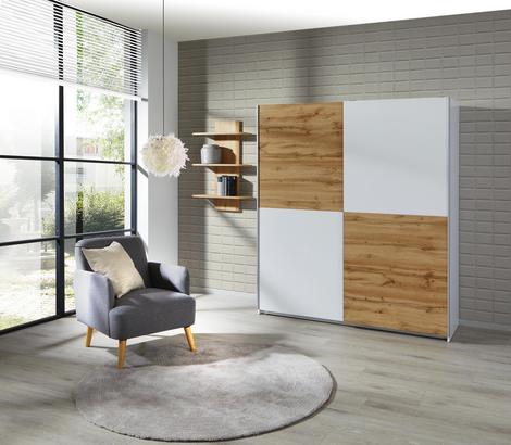 Schwebetürenschrank B 170 cm Schwebetürenschrank PULS Weiß/Wotan Eiche Dekor
