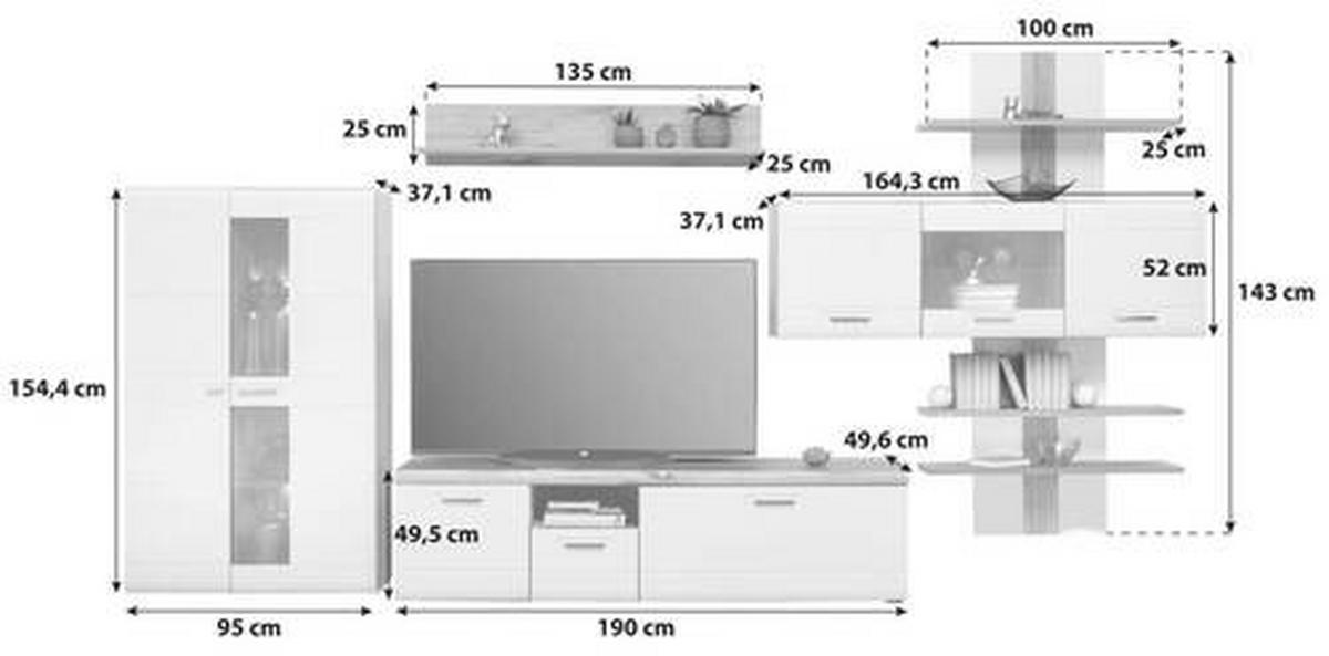 Wohnkombination 5-tlg. Auris, Weiß/eiche Dekor - Eichefarben/Weiß, MODERN, Glas/Holzwerkstoff (449,3/204,2/49,6cm) - Luca Bessoni