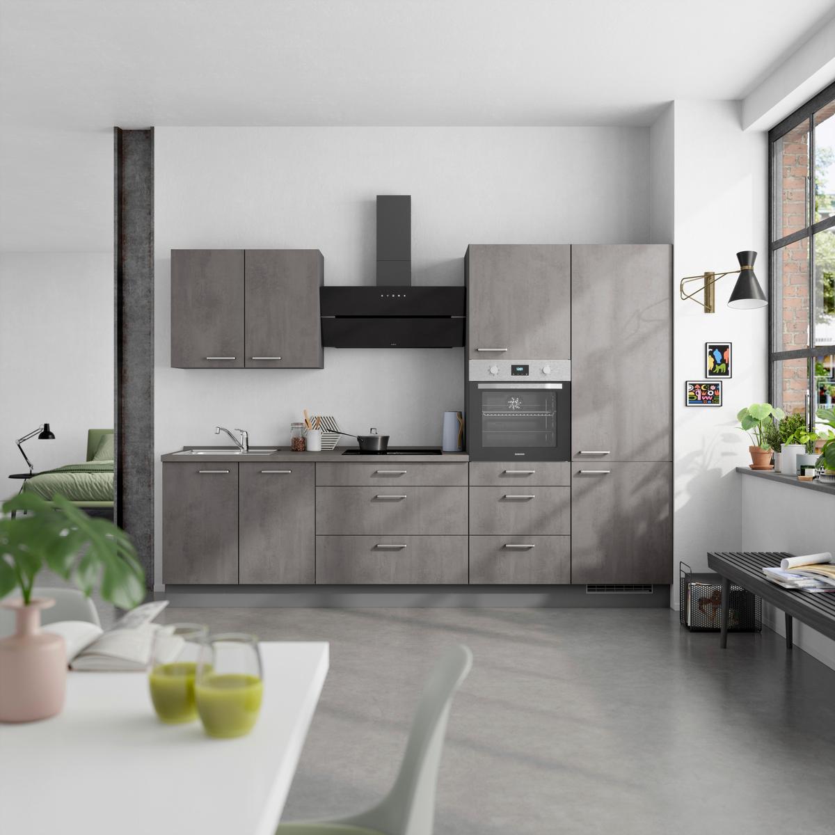 Kuchynská linka 300 cm, bridl.šedý betón/bridl.šedá - biela/farba ušľachtilej ocele, Modern, kov/kompozitné drevo (300cm) - Nobilia