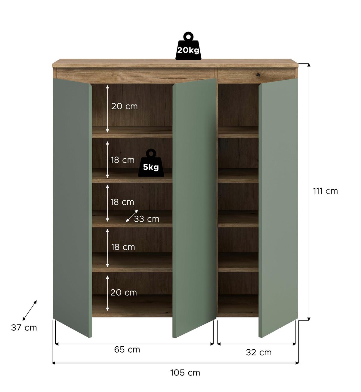 Schuhschrank Scarpa Eiche Dekor, Graugrün B: 105cm - Eichefarben/Schwarz, Design, Holzwerkstoff (105/111/37cm) - Livetastic
