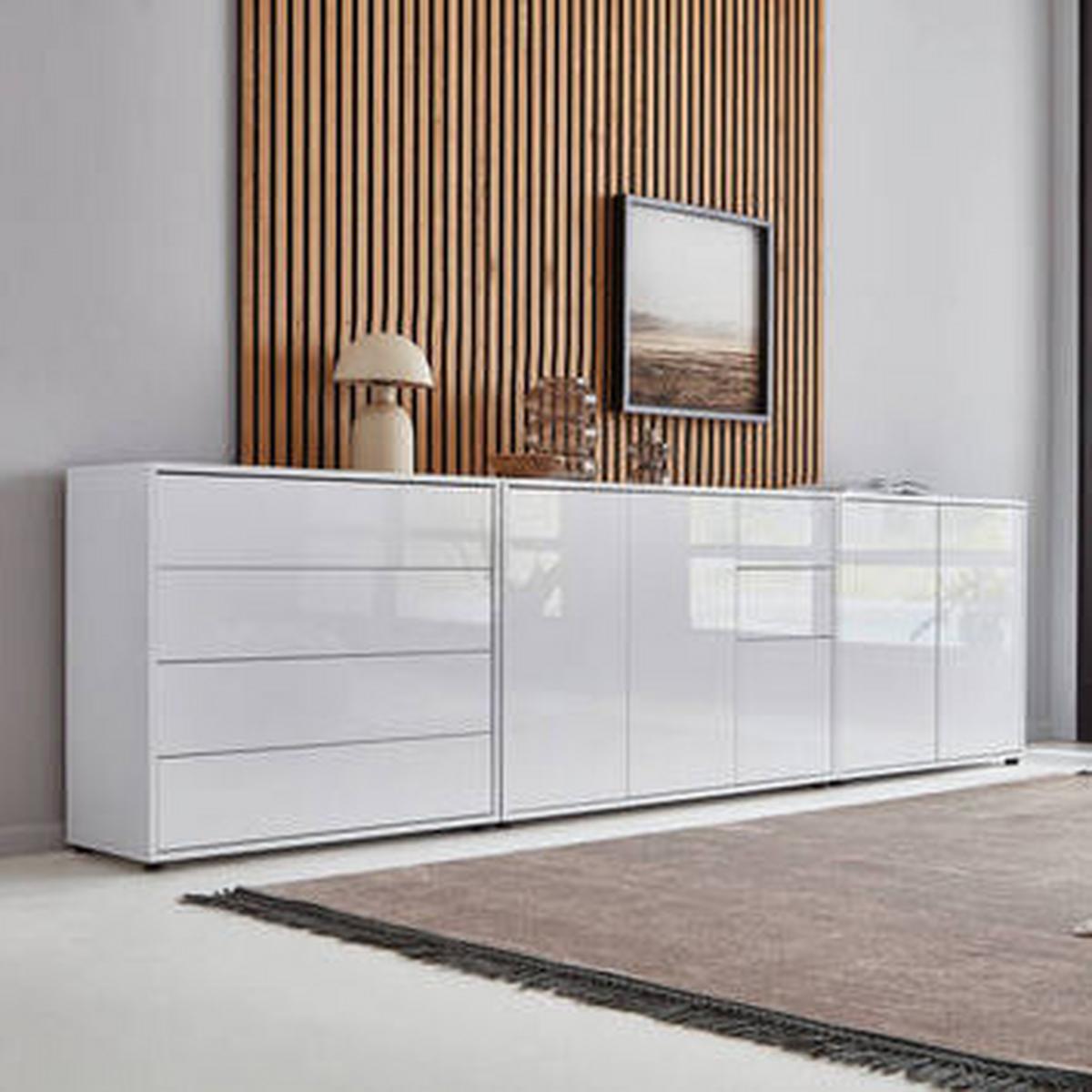 Sideboard Mailand 7 B: 263,5 cm Weiß - Weiß Hochglanz/Schwarz, MODERN, Holzwerkstoff (263,5/73/33cm) - MID.YOU