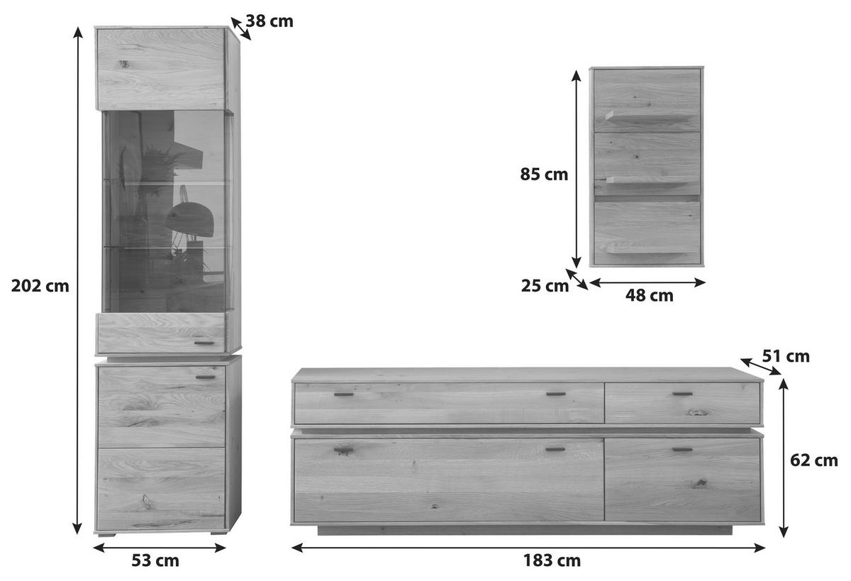 Wohnkombination Massiv 3-Tlg. Como Wildeiche - Wildeiche, Natur, Glas/Holz (246/202/51cm) - MID.YOU
