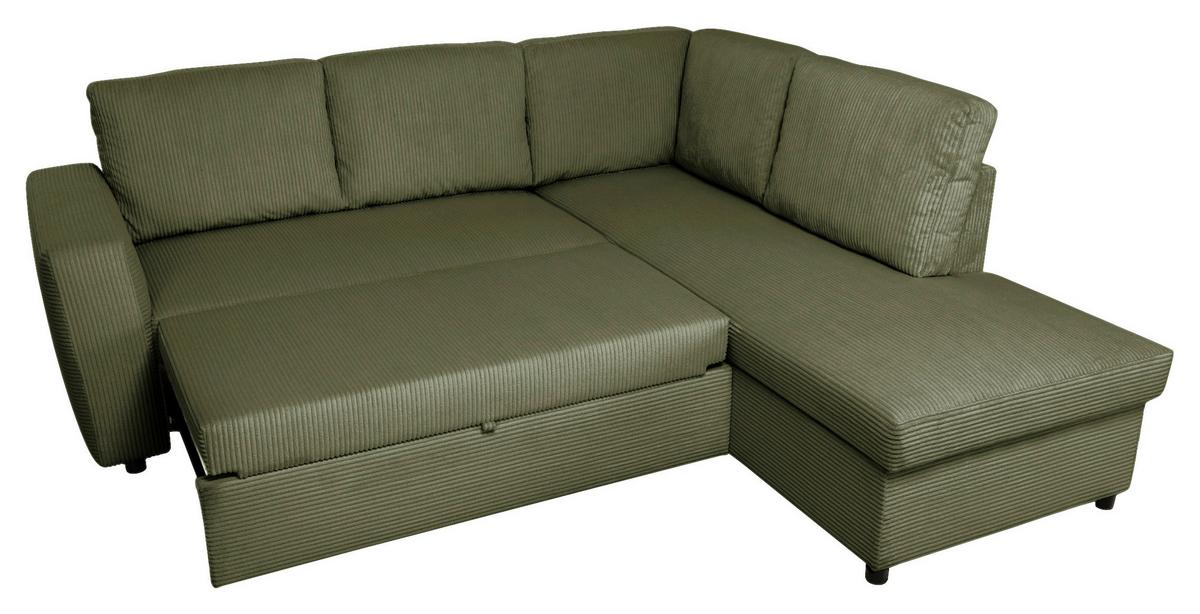 Ecksofa mit Schlaffunktion Toulouse Cord kaki, 224x206cm - Khaki/Schwarz, Trend, Holz/Holzwerkstoff (224/206cm)