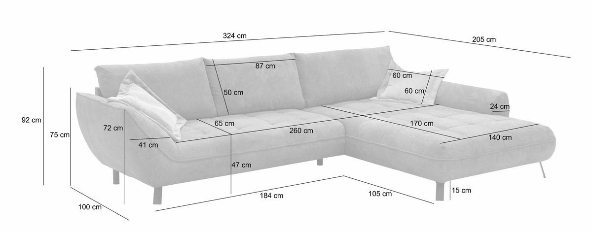 Ecksofa Biarritz Blau, Schenkel: 324x205 cm - Blau/Schwarz, Design, Textil (324/205cm) - Livetastic